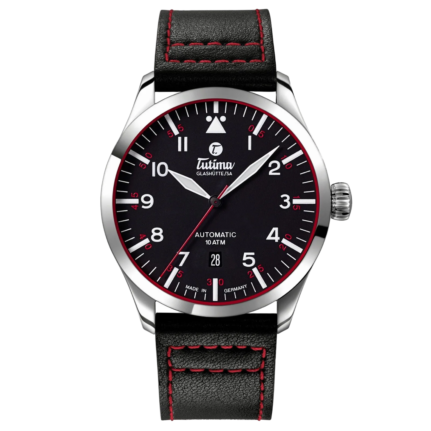 Tutima Flieger Automatic, reference 6105-01, velvet black dial with red minute track in a stainless steel case on a black leather strap