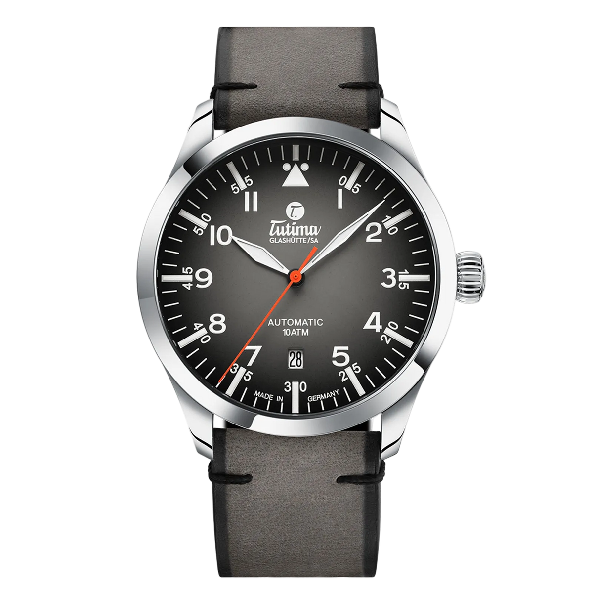 Tutima Flieger Automatic, reference 6105-31, grey dégradé dial in a stainless steel case on a Horween leather strap