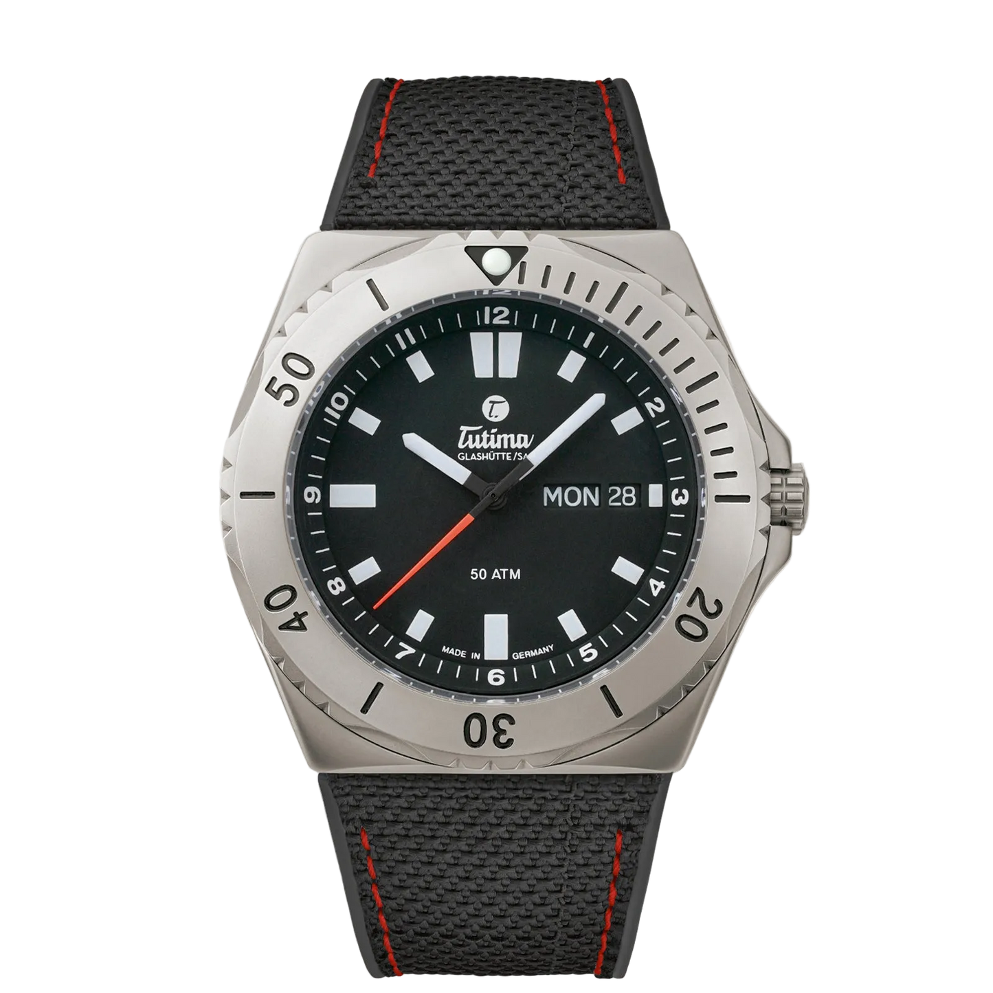 Tutima M2 Seven Seas, reference 6151-01, black dial in a pearl-blasted titanium case on a black Kevlar strap with red stitching