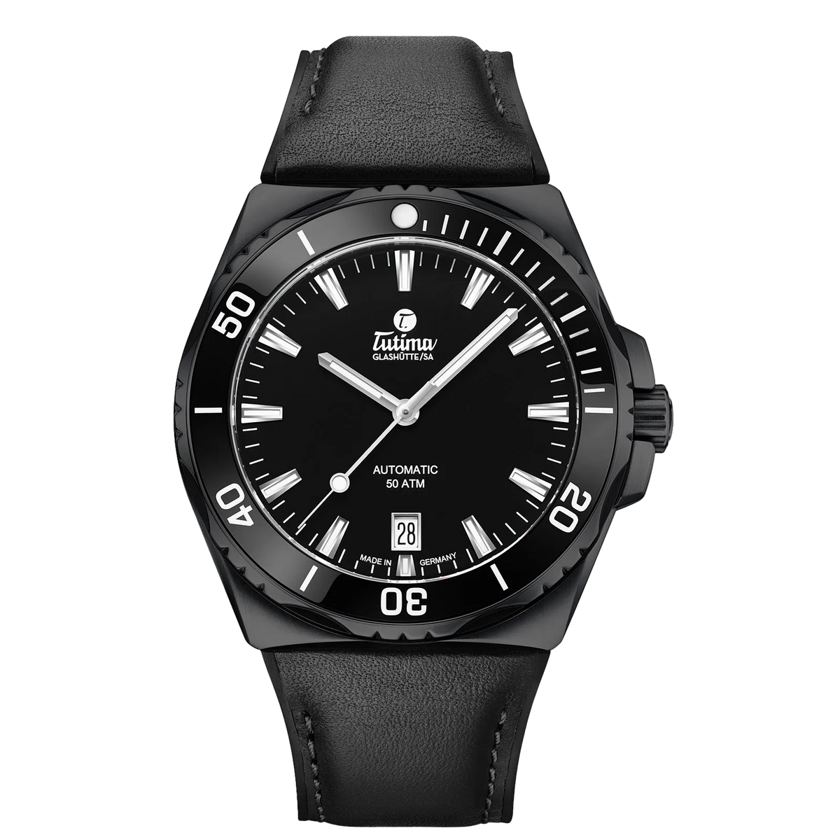 Tutima M2 Seven Seas S 40mm, reference 6156-13, deep black dial and black ceramic bezel in a black stainless steel case on a rubber and leather strap