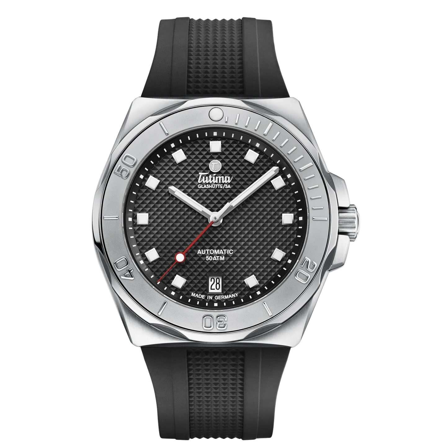 Tutima M2 Seven Seas S 40mm, reference 6156-21, matt black dial with décor in a stainless steel case on a black FKM rubber strap