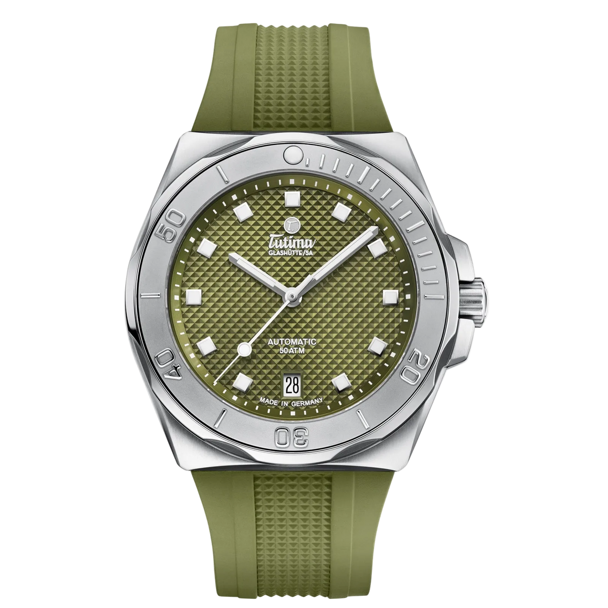 Tutima M2 Seven Seas S 40mm, reference 6156-23, matt green dial with décor in a stainless steel case on a green FKM rubber strap