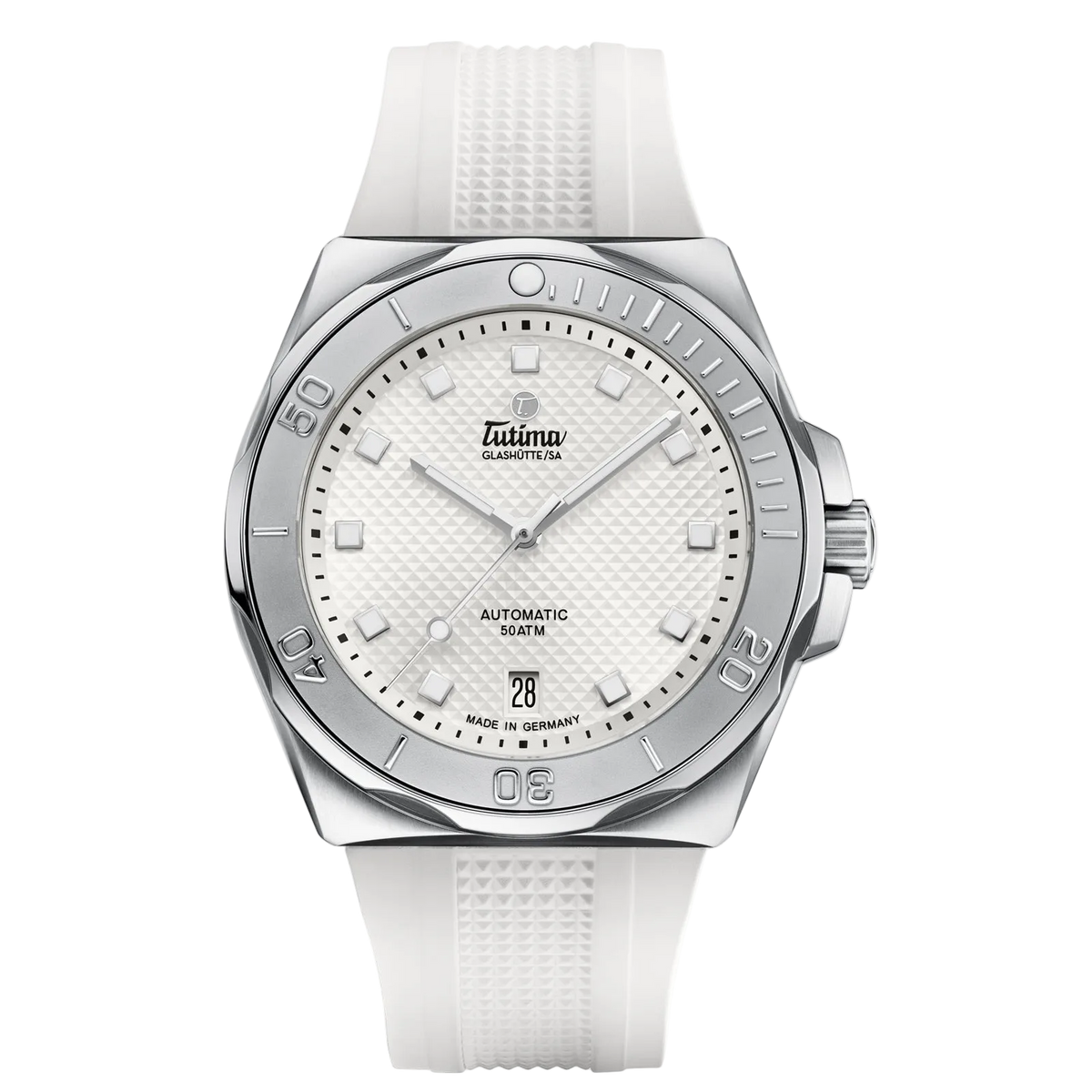 Tutima M2 Seven Seas S 40mm, reference 6156-25, matt white dial with décor in a stainless steel case on a white FKM rubber strap
