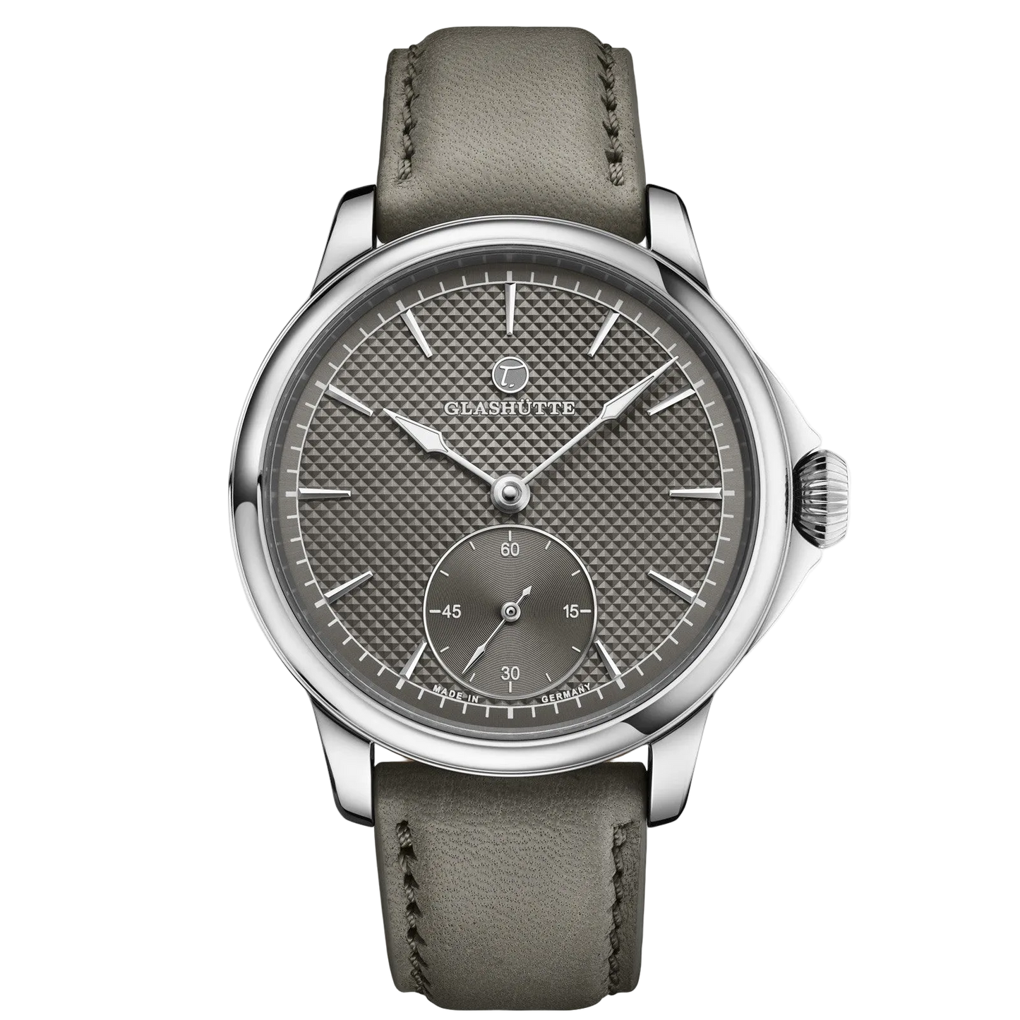 Tutima Patria, reference 6612-03, graphite grey dial with décor in a polished Grade 5 titanium case on a grey sheepskin strap