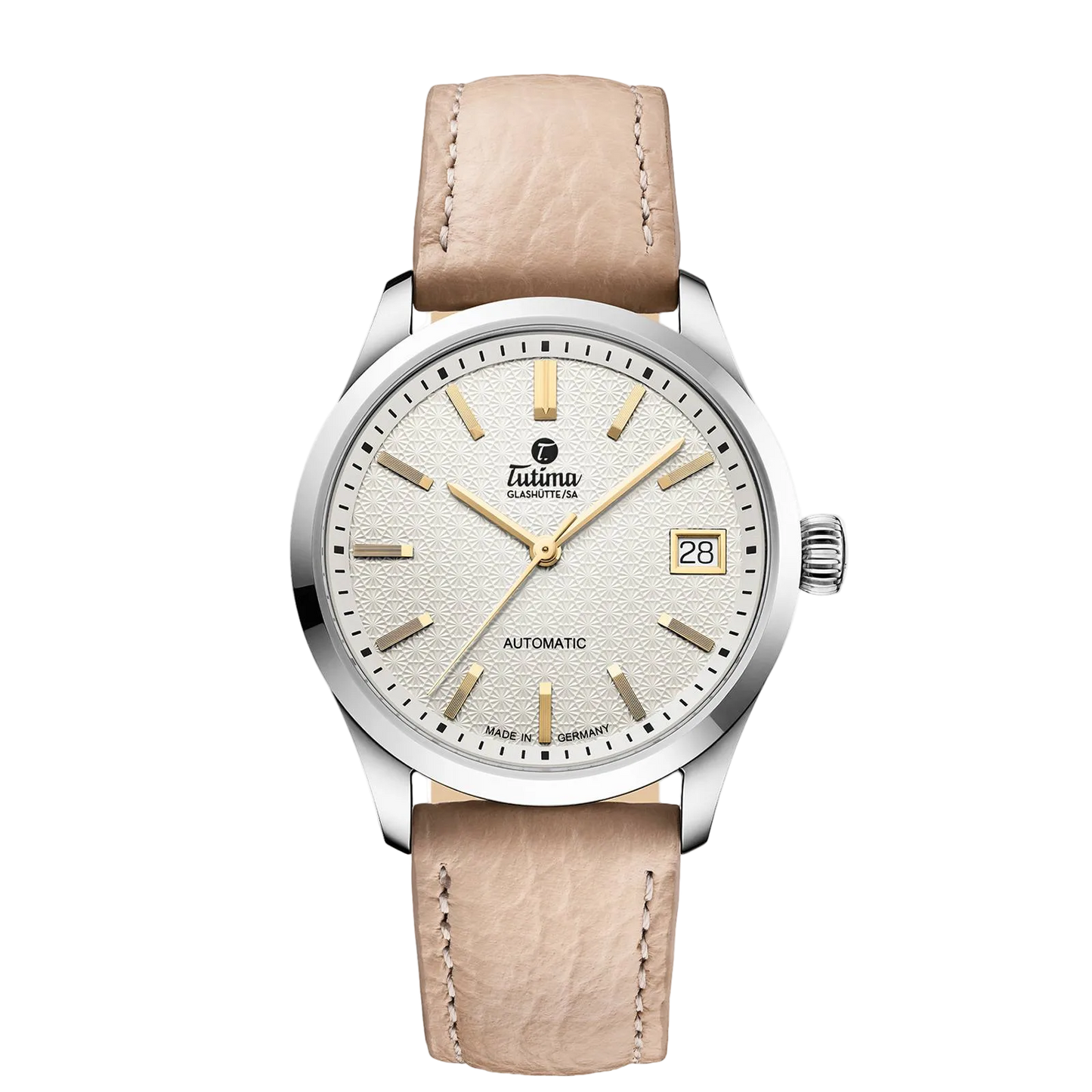 Tutima Lady Sky, reference 6705-01, opal white dial with gold coloured indexes on a leather strap