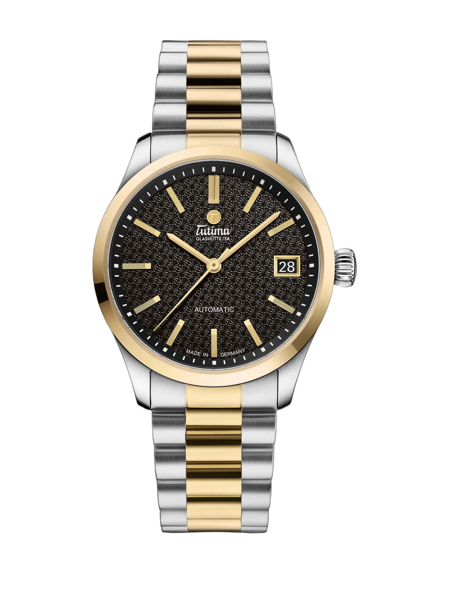 Tutima Lady Sky, reference 6705-26, black dial with gold coloured indexes under an 18 carat gold bezel on a bicolour bracelet