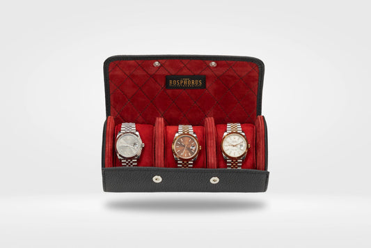 Bosphorus Galata Capitone watch roll in black Togo leather, interior detail