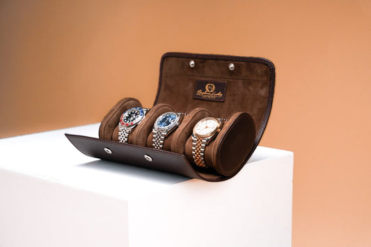 Bosphorus Galata watch roll in dark brown Saffiano leather