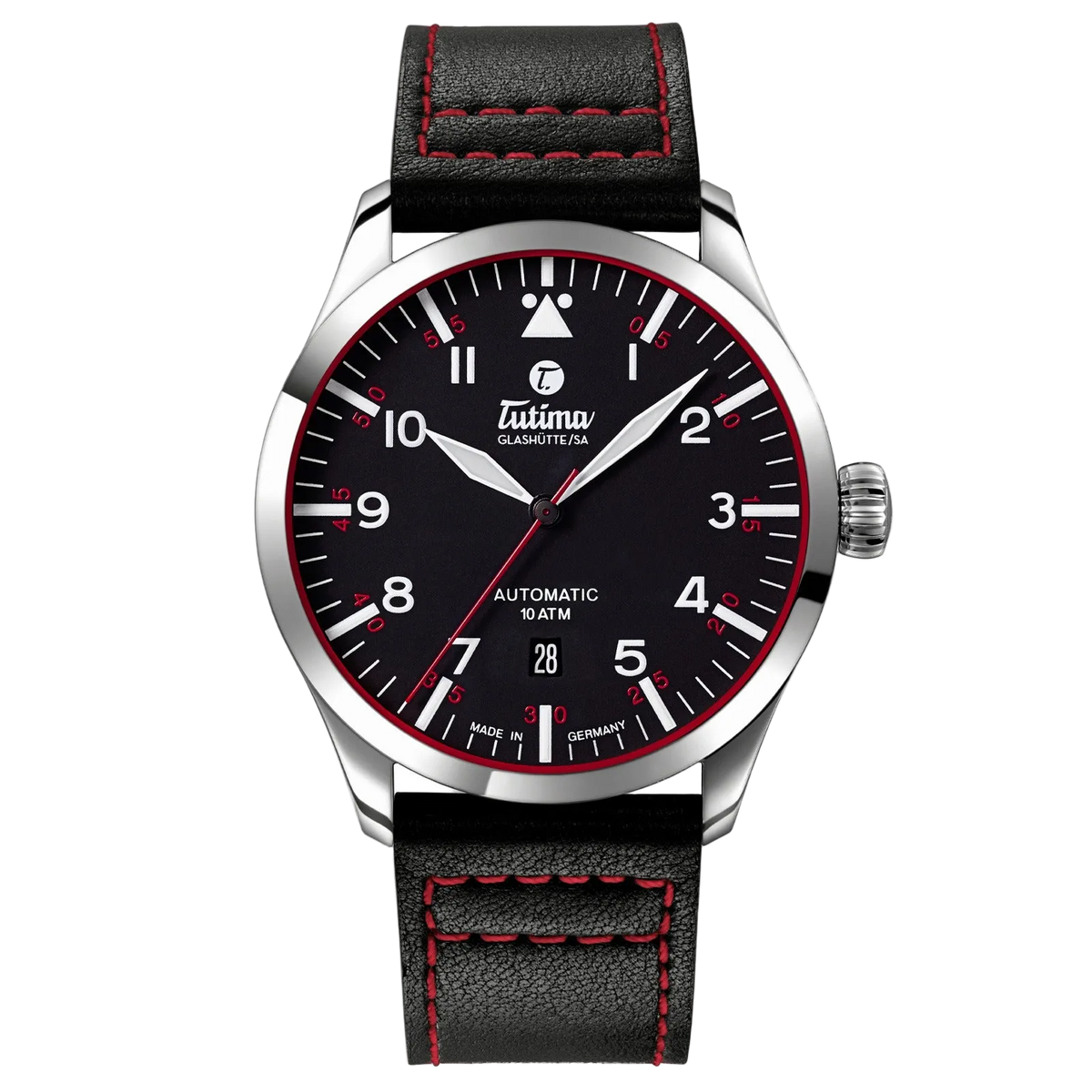 Tutima Flieger Automatic, reference 6105-01, velvet black dial with red minute track in a stainless steel case on a black leather strap