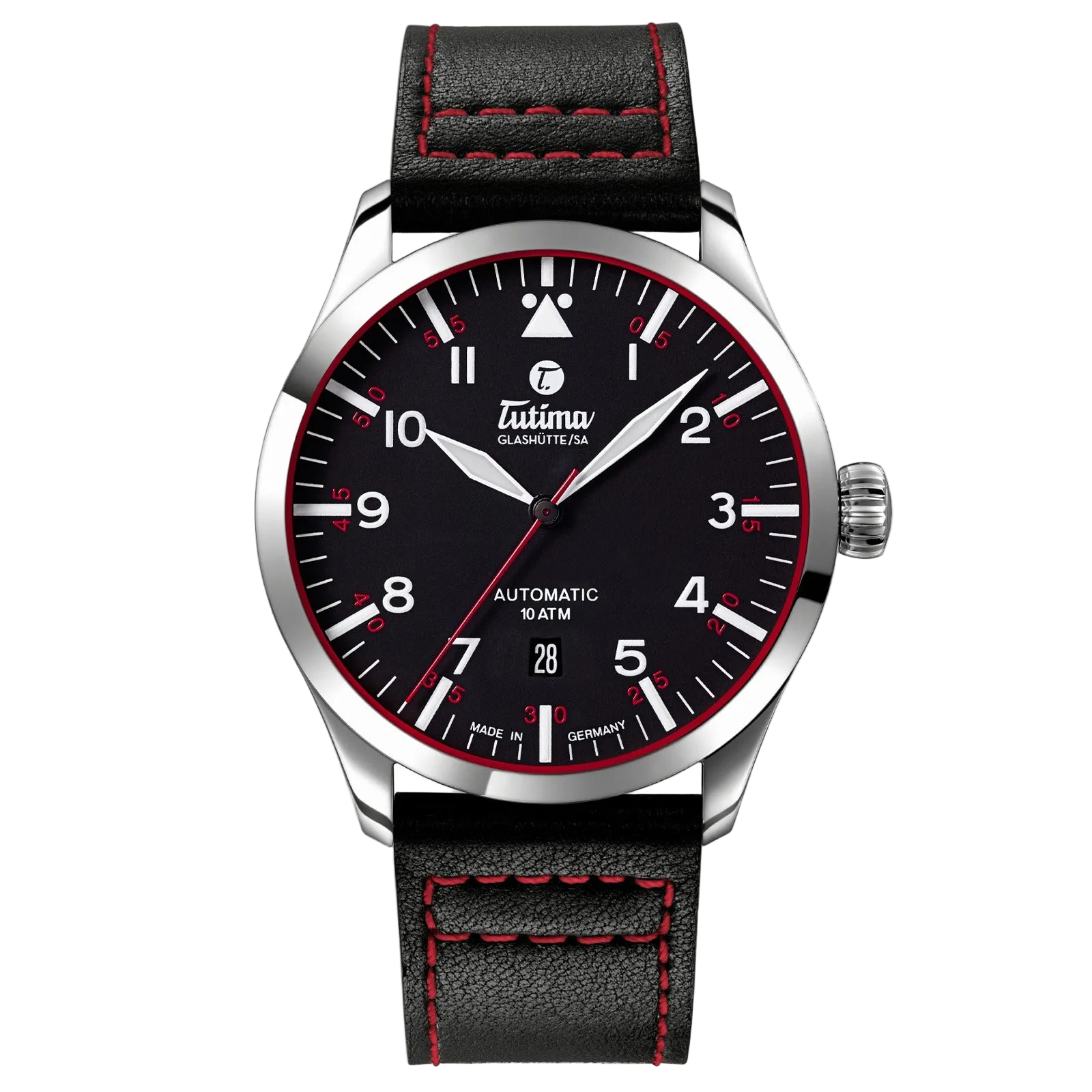 Tutima Flieger Automatic, reference 6105-01, velvet black dial with red minute track in a stainless steel case on a black leather strap