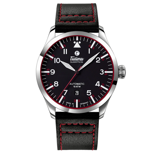 Tutima Flieger Automatic, reference 6105-01, velvet black dial with red minute track in a stainless steel case on a black leather strap