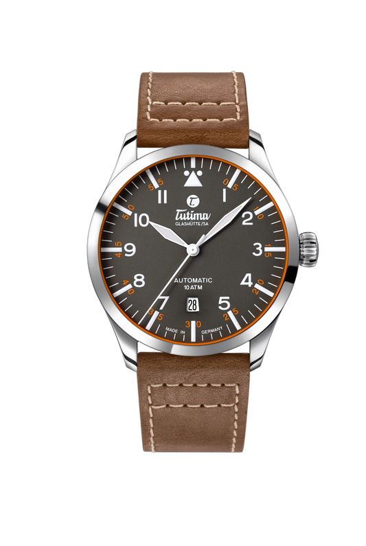 Tutima Flieger Automatic, reference 6105-03, gun grey dial in a stainless steel case on a brown leather strap