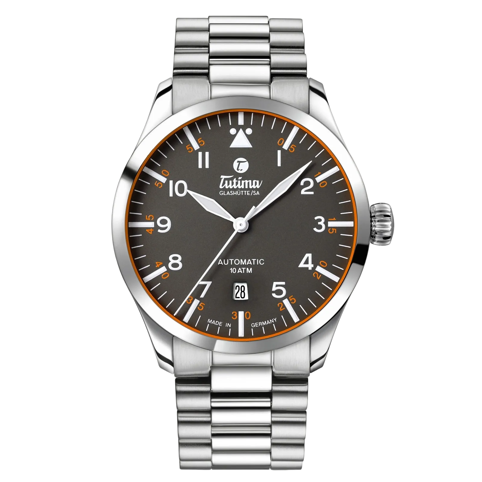 Tutima Flieger Automatic, reference 6105-04, gunmetal grey dial with orange minute track in a stainless steel case on a stainless steel bracelet