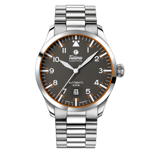 Tutima Flieger Automatic, reference 6105-04, gunmetal grey dial with orange minute track in a stainless steel case on a stainless steel bracelet
