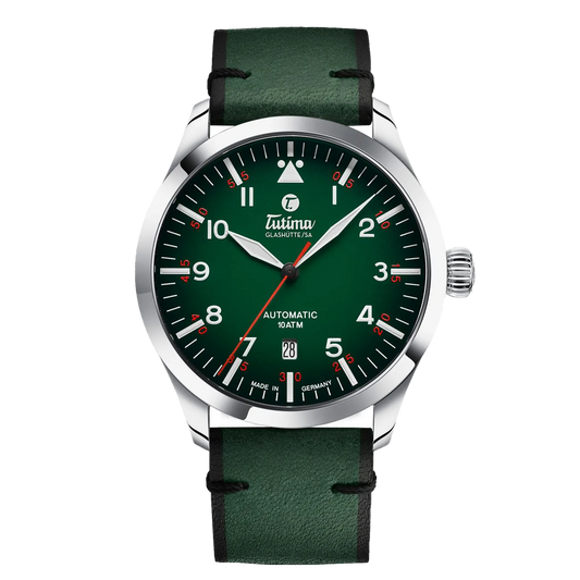 Tutima Flieger Automatic, reference 6105-29, night green dégradé dial in a stainless steel case on a Horween leather strap