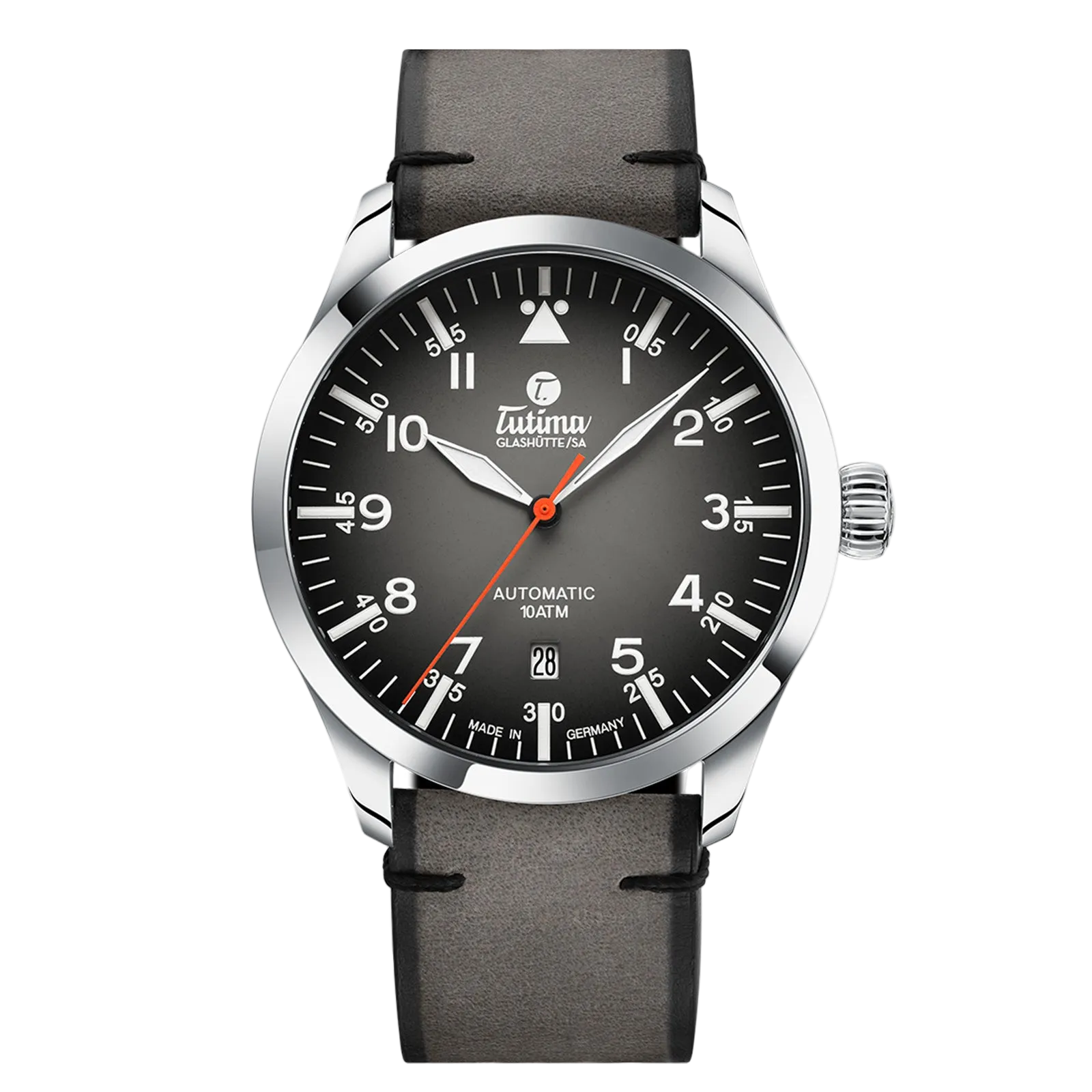 Tutima Flieger Automatic, reference 6105-31, grey dégradé dial in a stainless steel case on a Horween leather strap