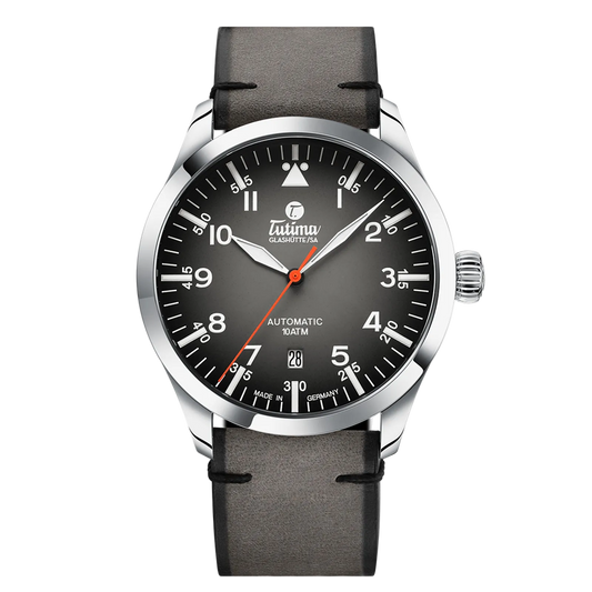 Tutima Flieger Automatic, reference 6105-31, grey dégradé dial in a stainless steel case on a Horween leather strap