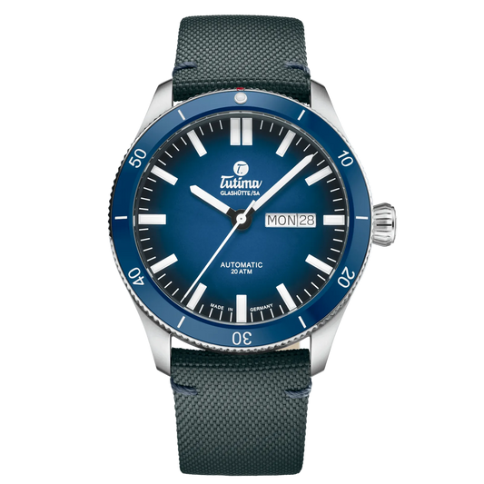 Tutima Grand Flieger Airport Automatic, reference 6107-01, blue dégradé dial and blue ceramic bezel on a blue Cordura strap