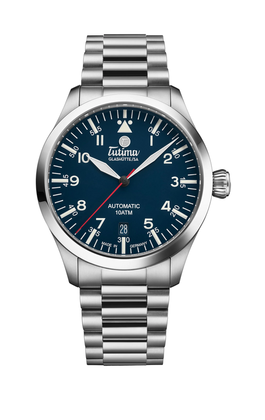 Tutima Flieger T5, reference 6109-04, glossy blue dial in a polished Grade 5 titanium case on a titanium bracelet