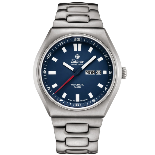Tutima M2 Coastline, reference 6150-02, deep blue dial in a brushed titanium case on a titanium bracelet