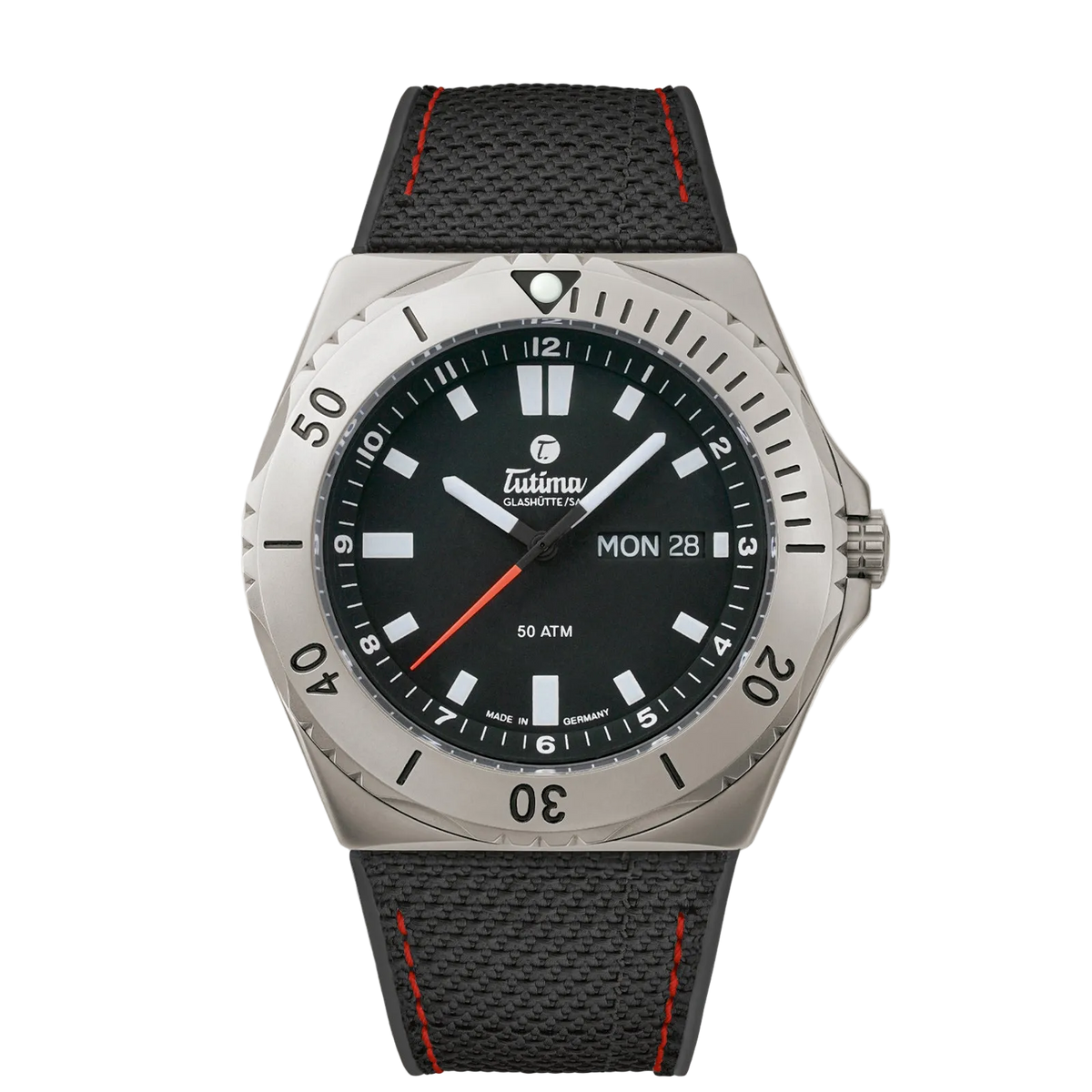 Tutima M2 Seven Seas, reference 6151-01, black dial in a pearl-blasted titanium case on a black Kevlar strap with red stitching