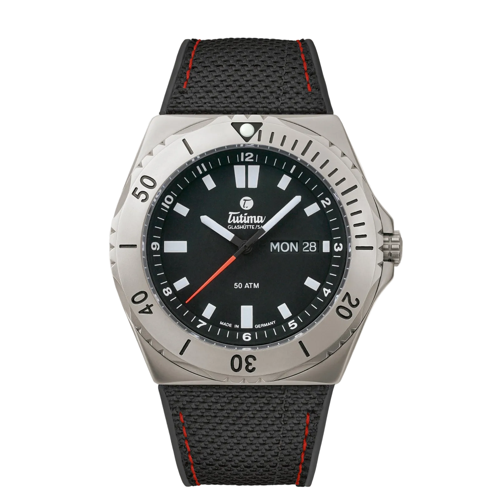 Tutima M2 Seven Seas, reference 6151-01, black dial in a pearl-blasted titanium case on a black Kevlar strap with red stitching
