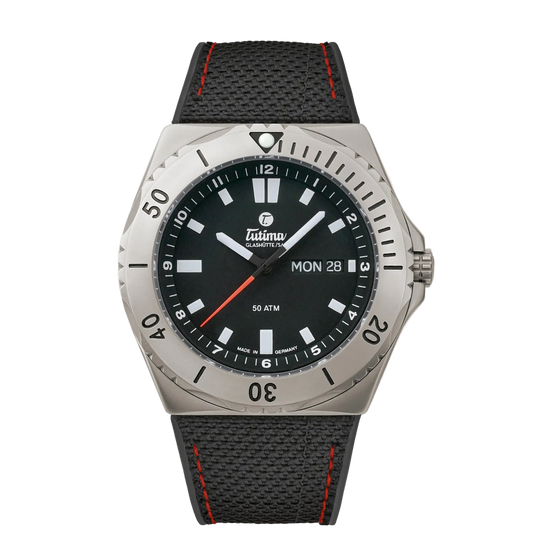 Tutima M2 Seven Seas, reference 6151-01, black dial in a pearl-blasted titanium case on a black Kevlar strap with red stitching