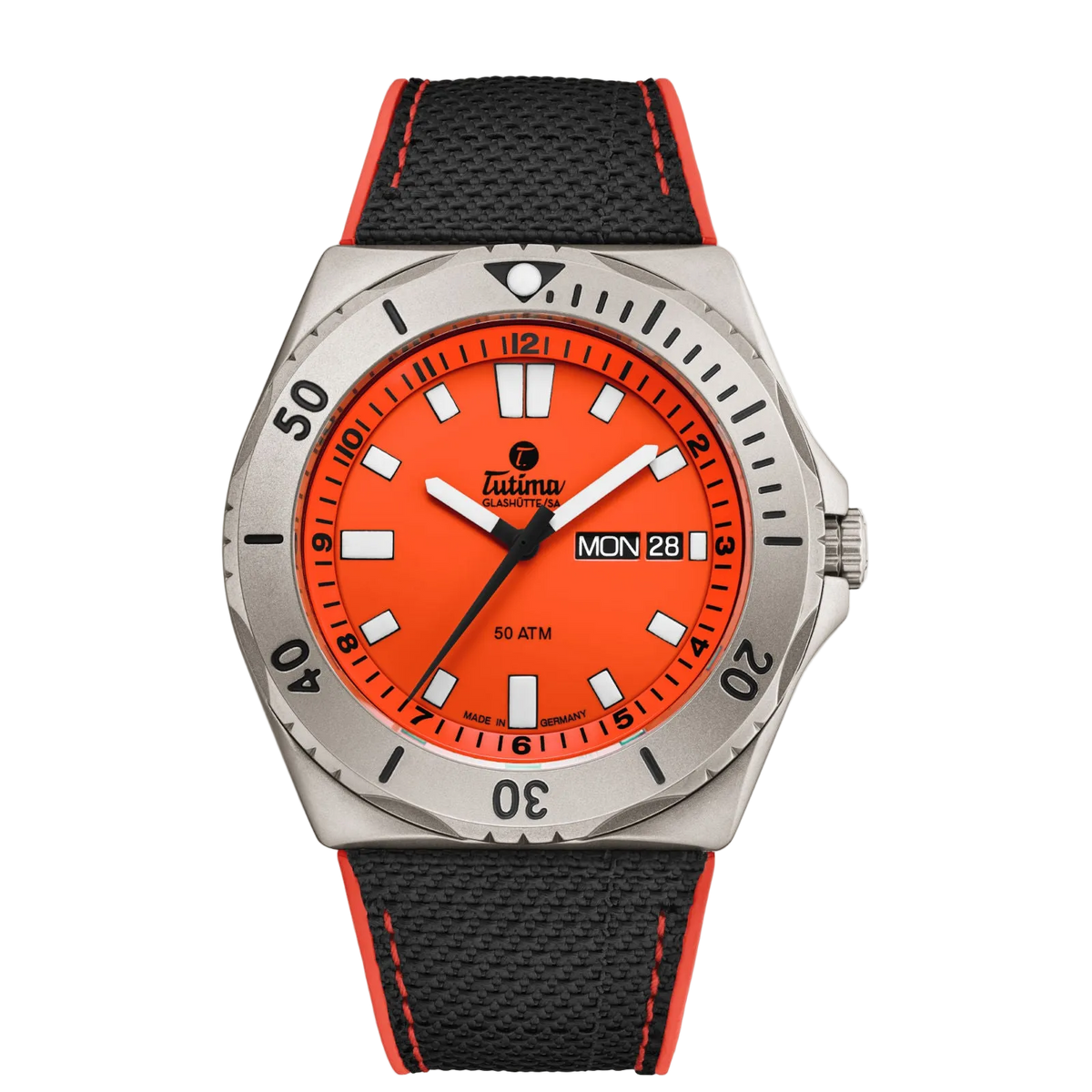 Tutima M2 Seven Seas, reference 6151-07, signal orange dial in a pearl-blasted titanium case on a black Kevlar strap with orange stitching