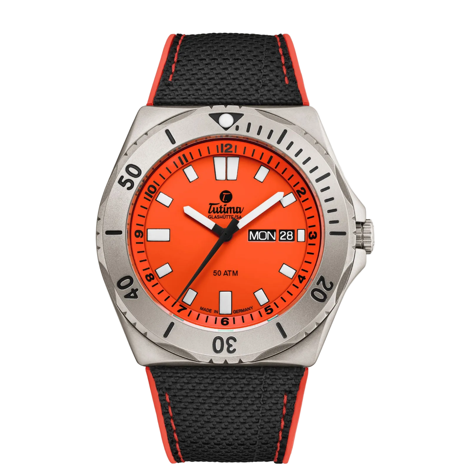 Tutima M2 Seven Seas, reference 6151-07, signal orange dial in a pearl-blasted titanium case on a black Kevlar strap with orange stitching