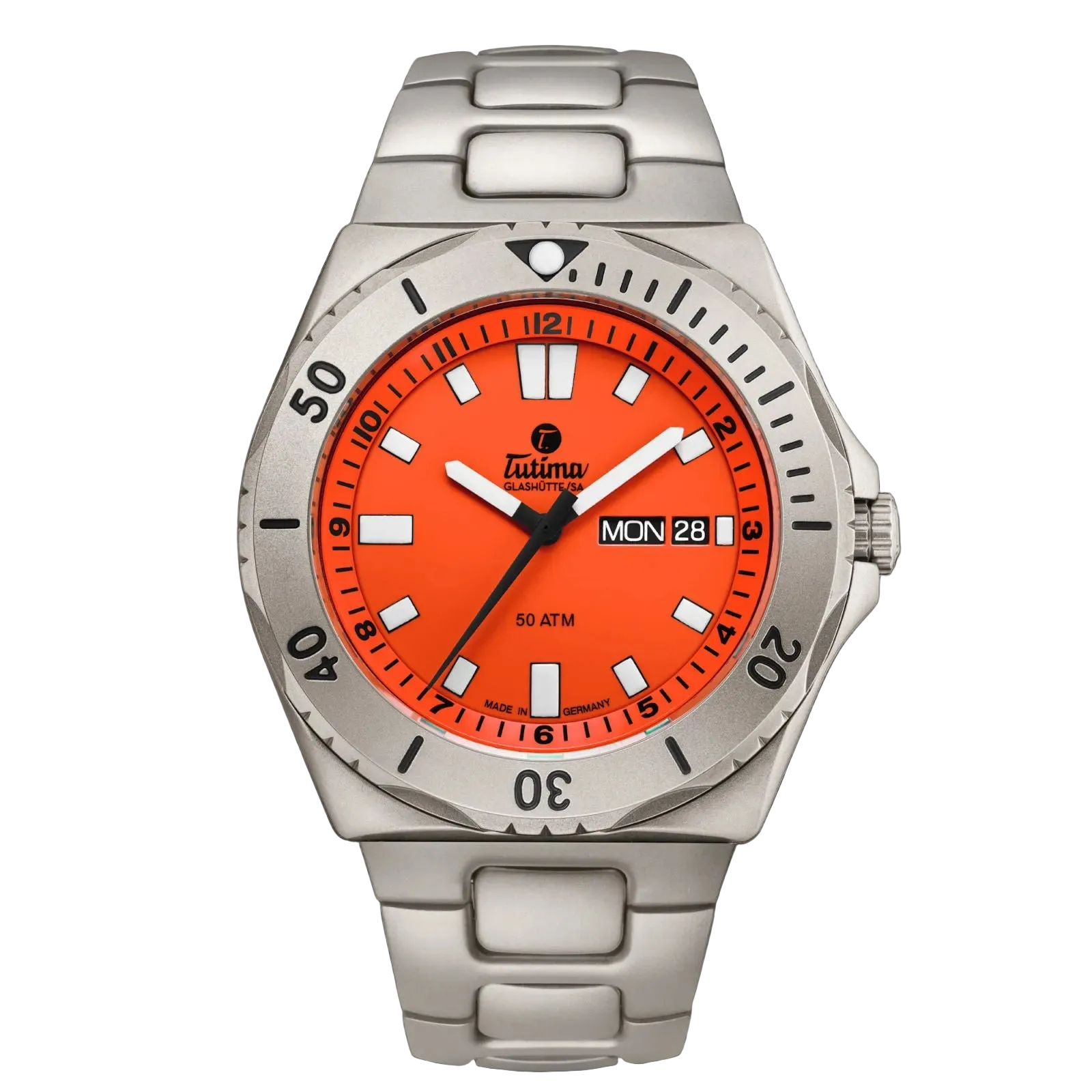 Tutima M2 Seven Seas, reference 6151-08, signal orange dial in a pearl-blasted titanium case on a titanium bracelet