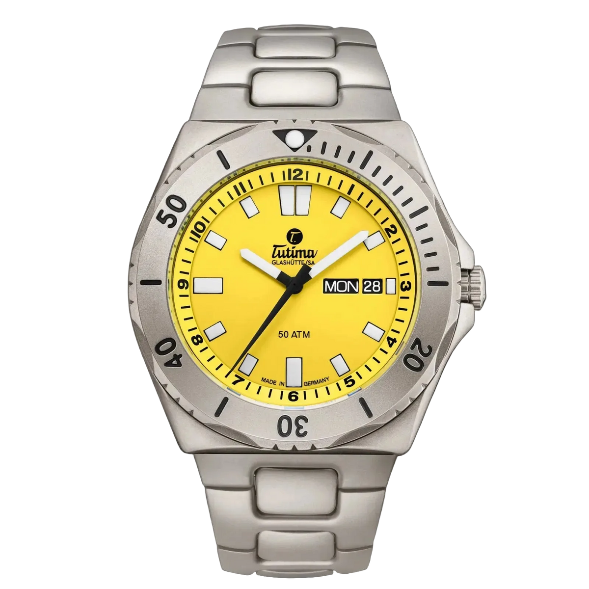 Tutima M2 Seven Seas, reference 6151-10, yellow dial in a pearl-blasted titanium case on a titanium bracelet