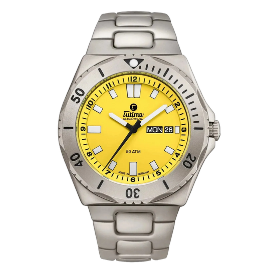 Tutima M2 Seven Seas, reference 6151-10, yellow dial in a pearl-blasted titanium case on a titanium bracelet