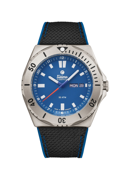 Tutima M2 Seven Seas, reference 6151-11, light blue dial in a pearl-blasted titanium case on a black Kevlar strap with blue stitching