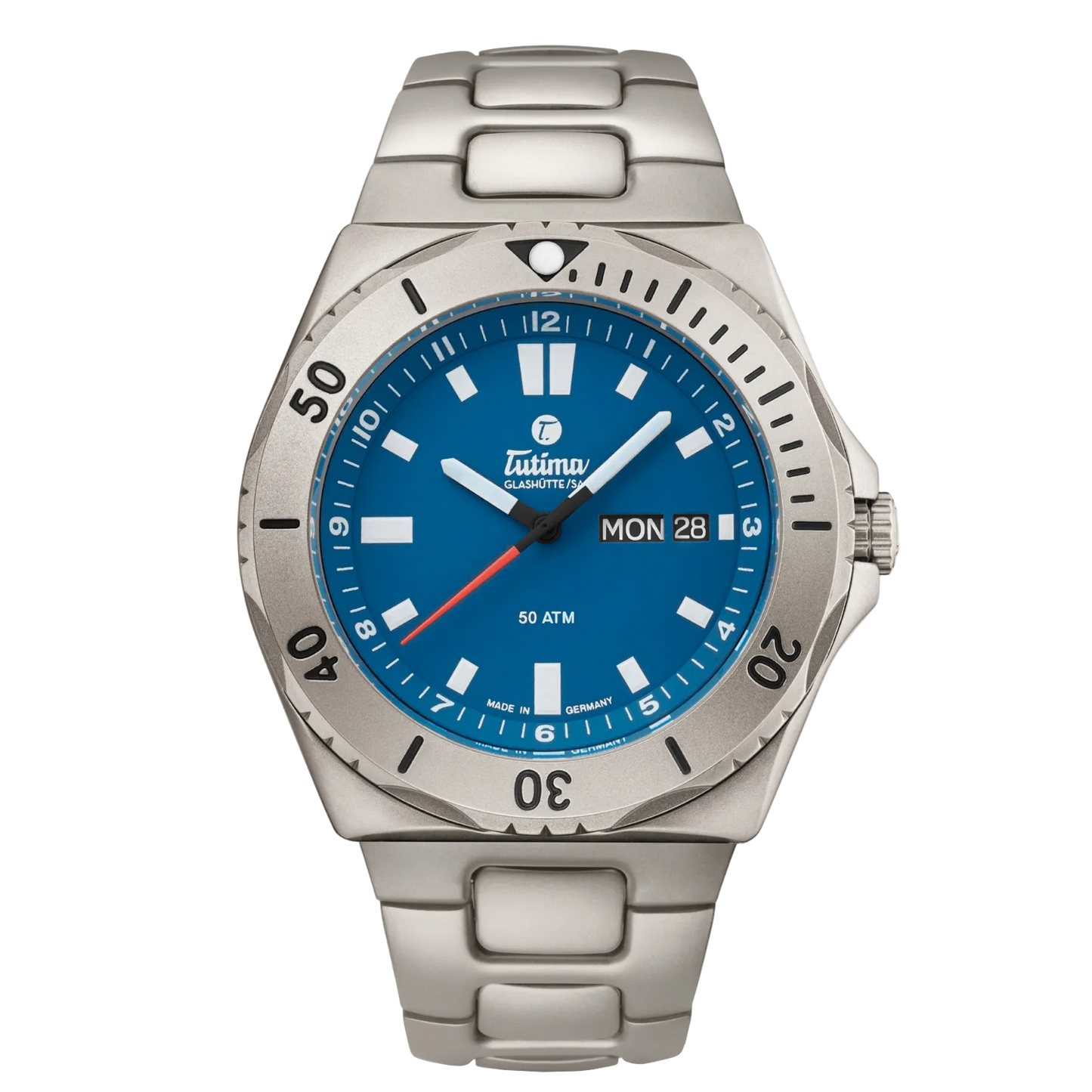 Tutima M2 Seven Seas, reference 6151-12, blue dial in a pearl-blasted titanium case on a titanium bracelet