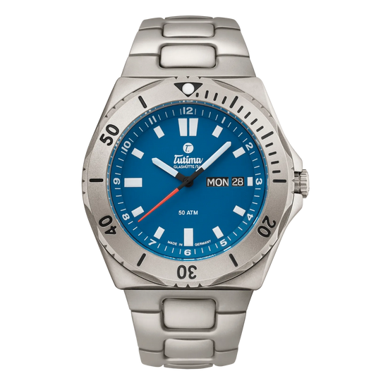 Tutima M2 Seven Seas, reference 6151-12, blue dial in a pearl-blasted titanium case on a titanium bracelet