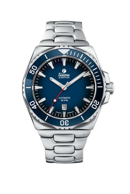 Tutima M2 Seven Seas S 44mm, reference 6155-04, blue dégradé dial and blue ceramic bezel in a stainless steel case