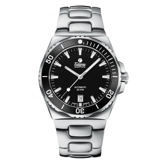 Tutima M2 Seven Seas S 40mm, reference 6156-02, black dial and black ceramic bezel on a stainless steel bracelet
