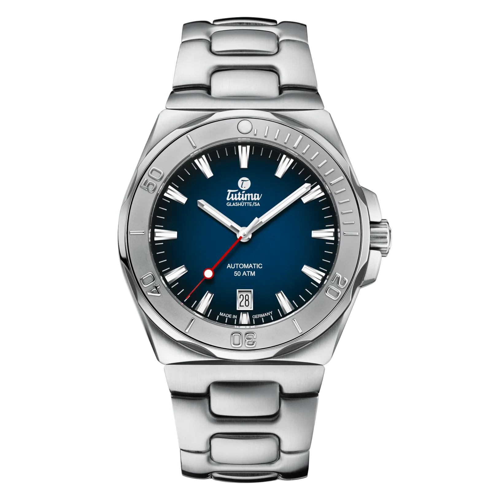 Tutima M2 Seven Seas S 40mm, reference 6156-04, blue dégradé dial in a brushed stainless steel case on a stainless steel bracelet