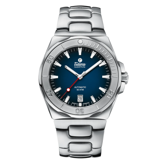Tutima M2 Seven Seas S 40mm, reference 6156-04, blue dégradé dial in a brushed stainless steel case on a stainless steel bracelet