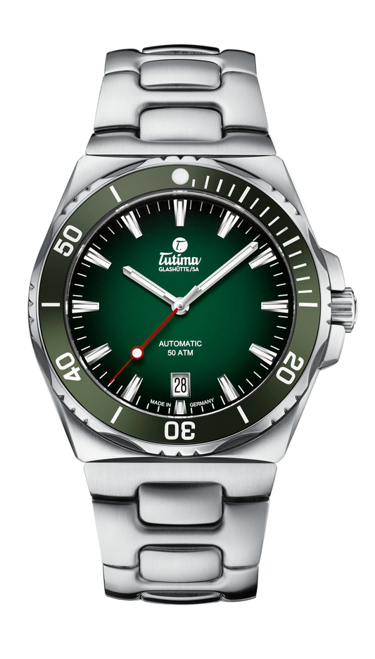 Tutima M2 Seven Seas S 40mm, reference 6156-06, green dégradé dial and green ceramic bezel on a stainless steel bracelet