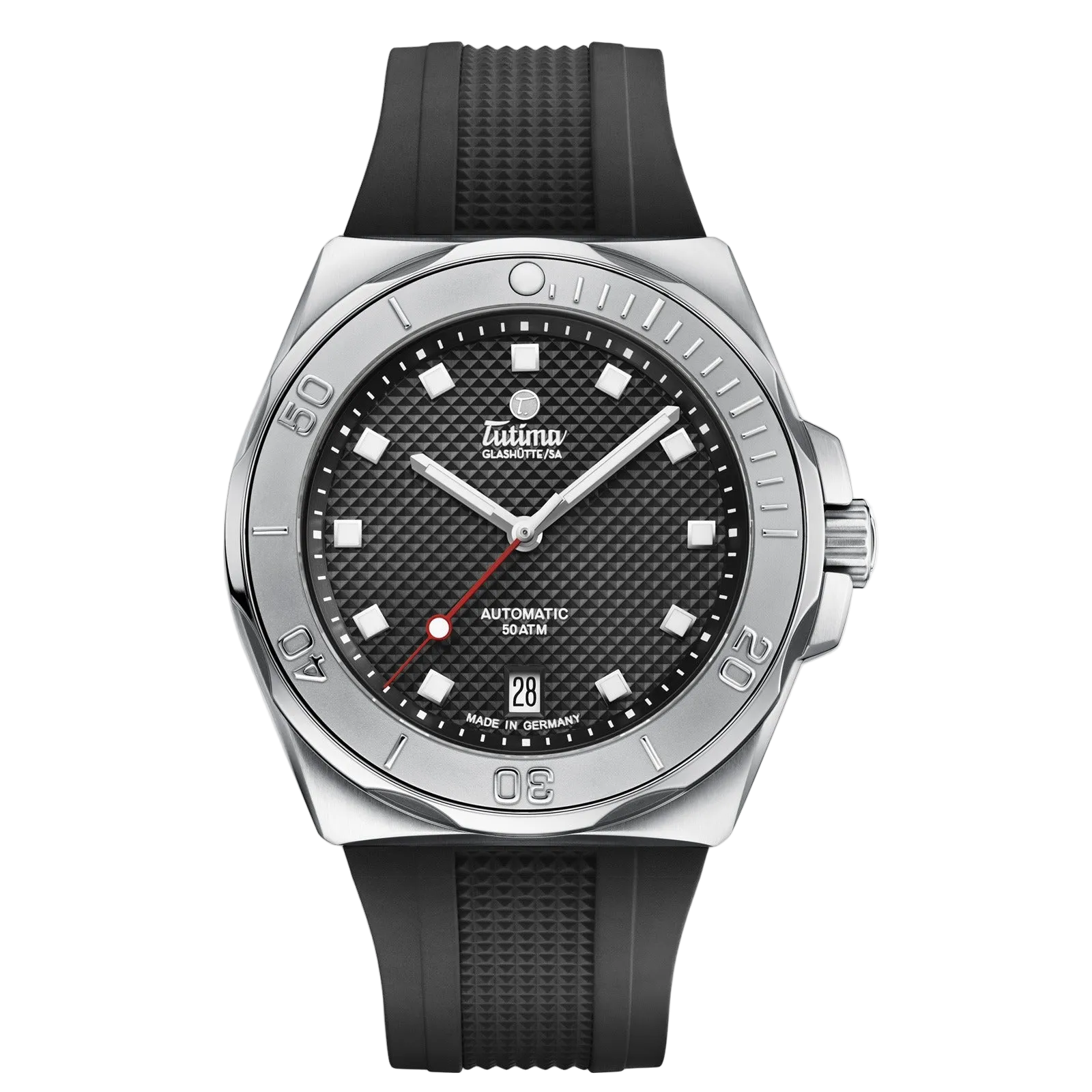 Tutima M2 Seven Seas S 40mm, reference 6156-21, matt black dial with décor in a stainless steel case on a black FKM rubber strap