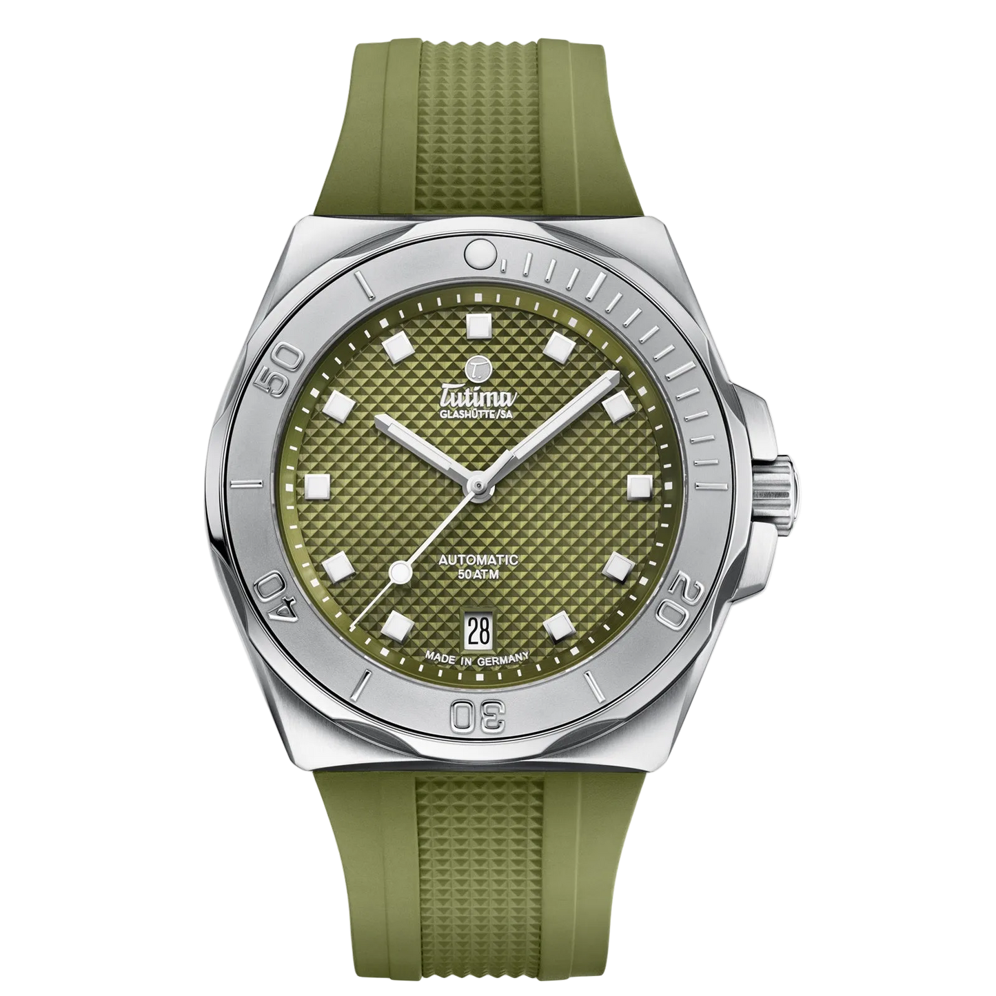Tutima M2 Seven Seas S 40mm, reference 6156-23, matt green dial with décor in a stainless steel case on a green FKM rubber strap