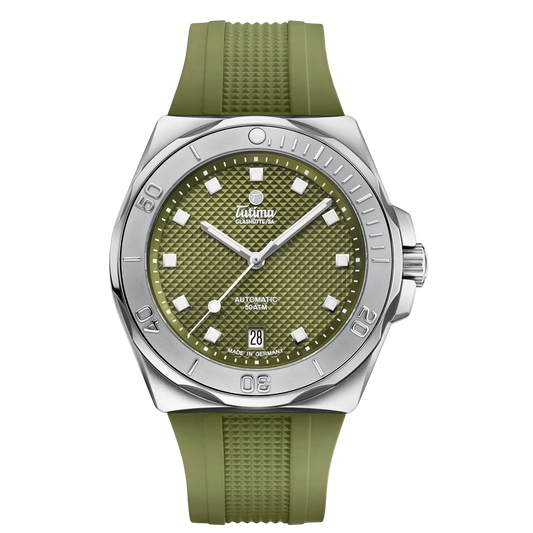Tutima M2 Seven Seas S 40mm, reference 6156-23, matt green dial with décor in a stainless steel case on a green FKM rubber strap