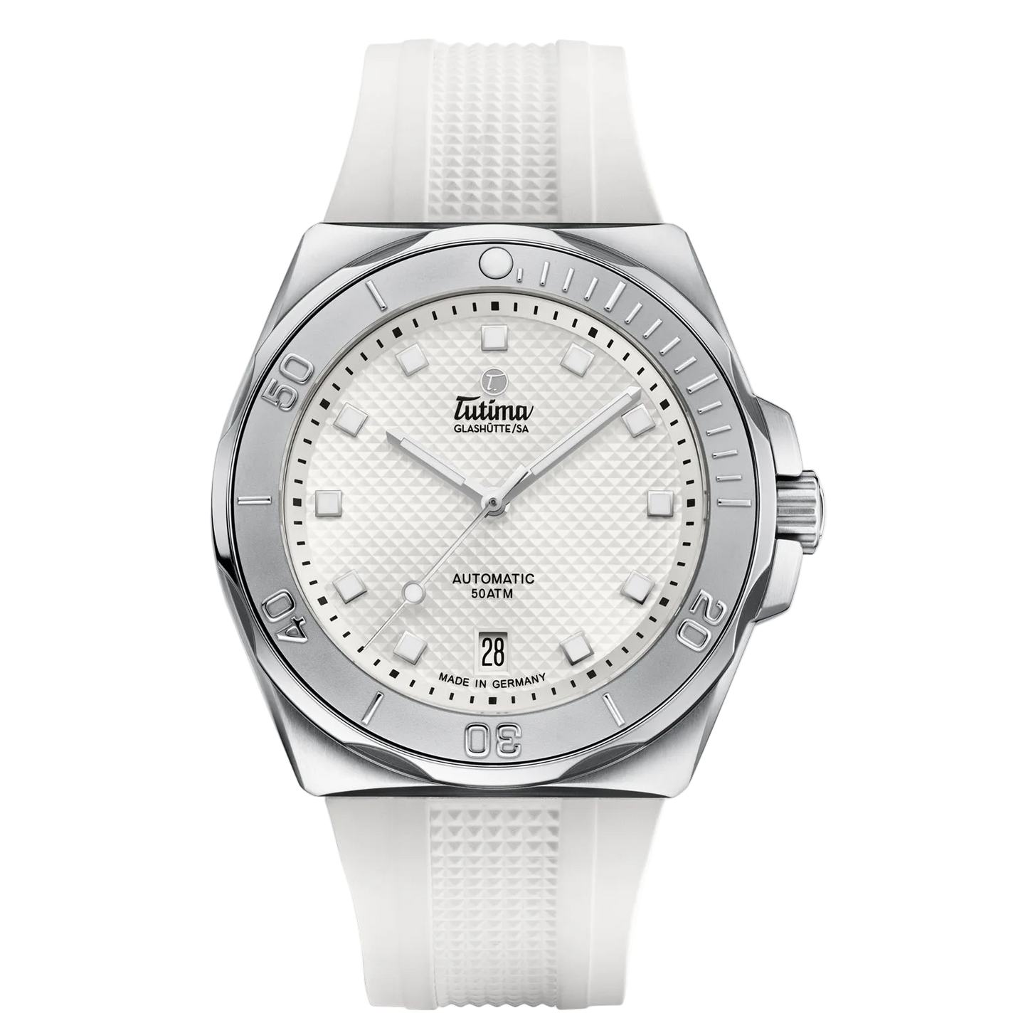 Tutima M2 Seven Seas S 40mm, reference 6156-25, matt white dial with décor in a stainless steel case on a white FKM rubber strap