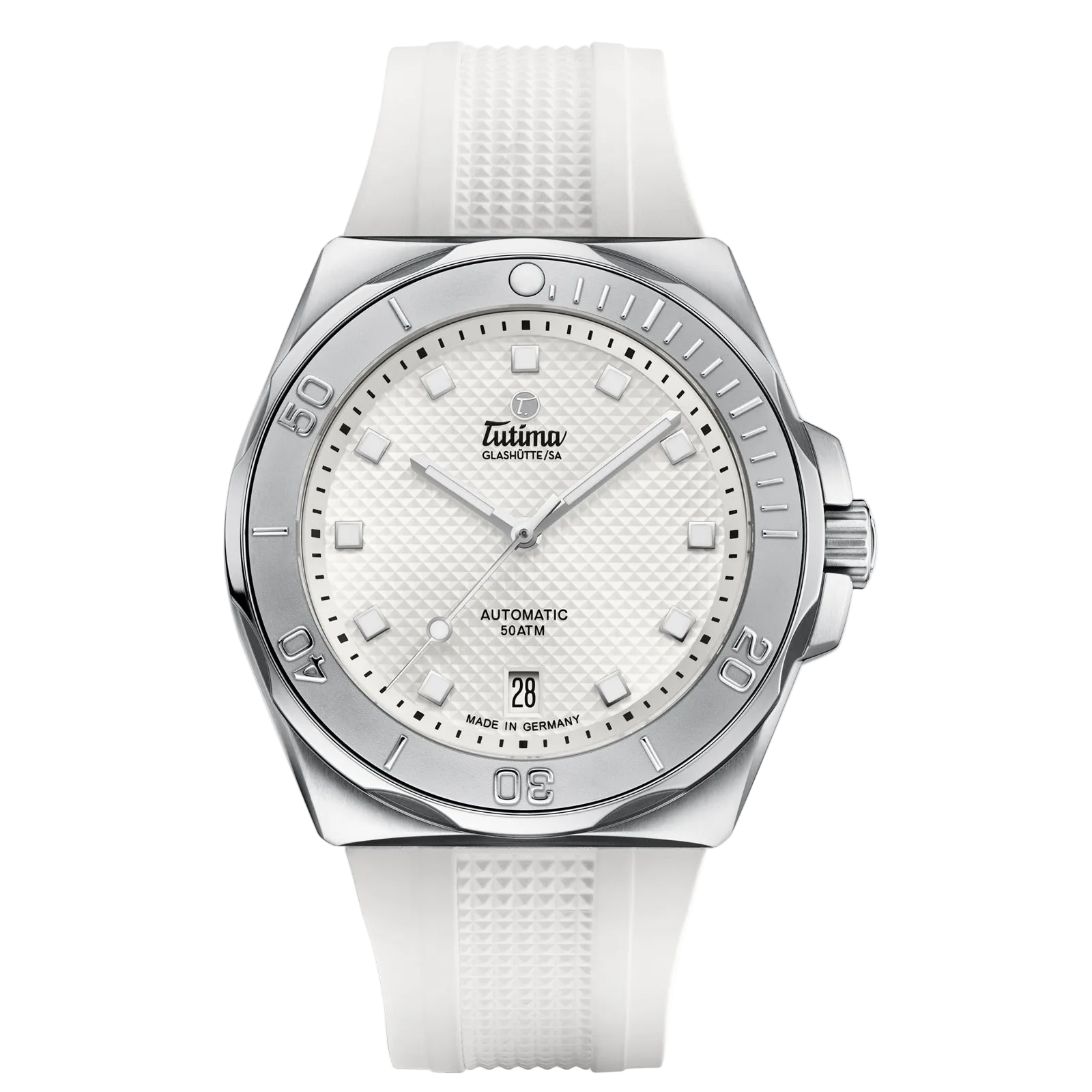 Tutima M2 Seven Seas S 40mm, reference 6156-25, matt white dial with décor in a stainless steel case on a white FKM rubber strap