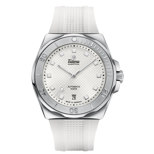 Tutima M2 Seven Seas S 40mm, reference 6156-25, matt white dial with décor in a stainless steel case on a white FKM rubber strap