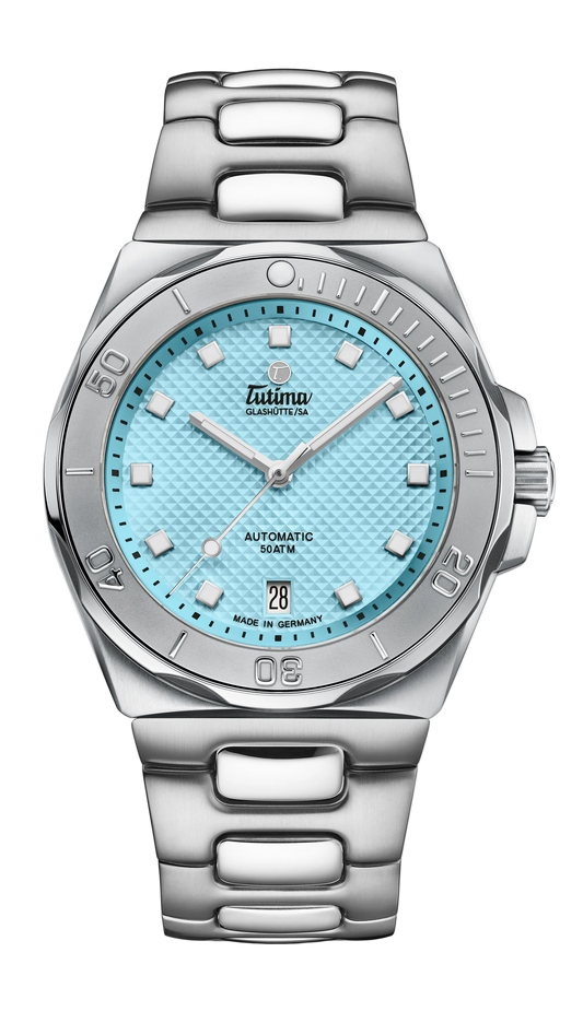 Tutima M2 Seven Seas S 40mm, reference 6156-30, ice blue dial on a stainless steel bracelet