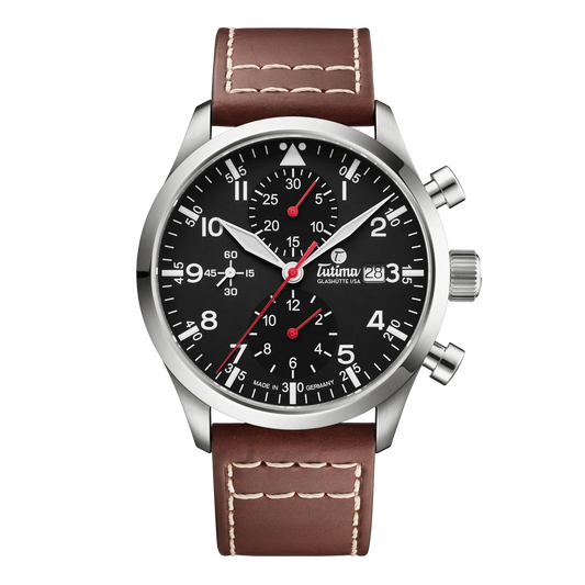 Tutima Flieger Legacy T5 Chronograph, reference 6405-01, black dial in a Grade 5 titanium case on a Horween leather strap