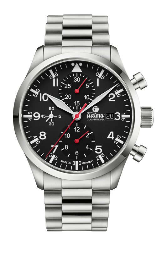 Tutima Flieger Legacy T5 Chronograph, reference 6405-02, black dial in a polished Grade 5 titanium case on a titanium bracelet