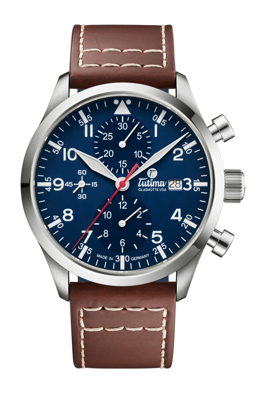 Tutima Flieger Legacy T5 Chronograph, reference 6405-03, blue dial in a polished Grade 5 titanium case on a brown Horween leather strap